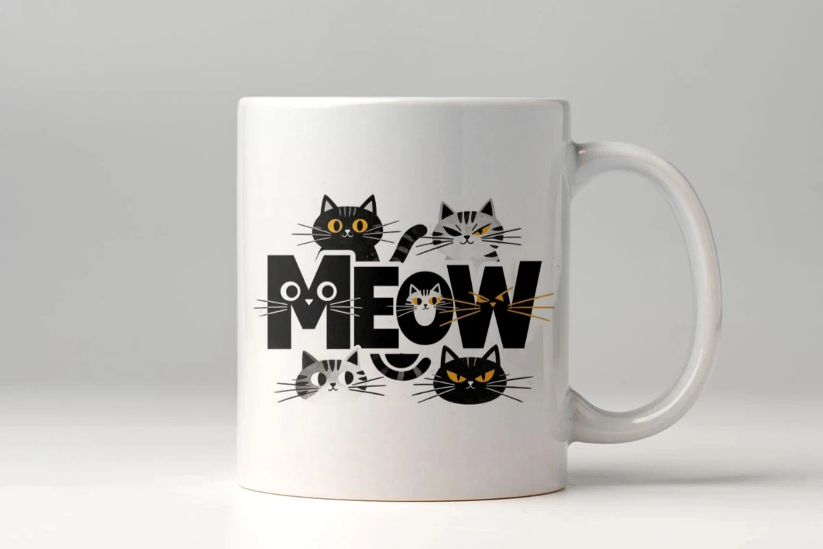 MEOW Cute Cat Group Ceramic Mug